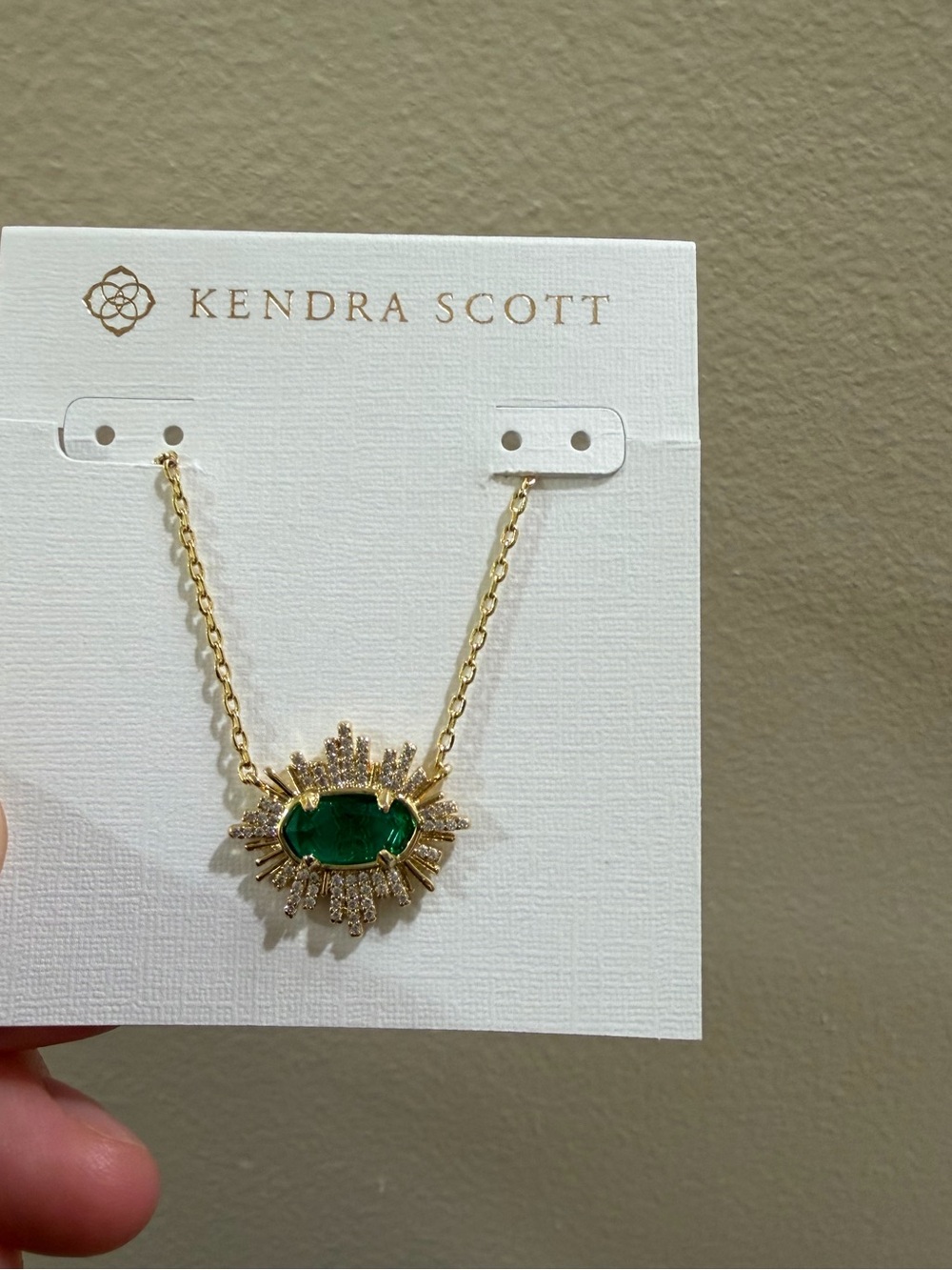 Kendra Scott Gold Sunburst Necklace with Green Stone Pendant